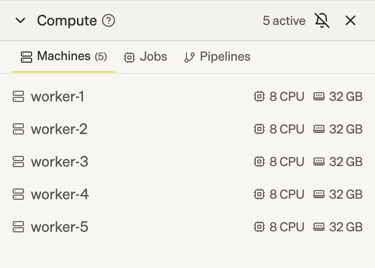 Compute panel showing 5 active worker machines