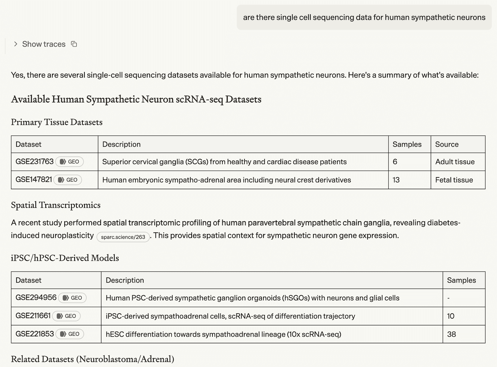 Screenshot of Biomni Lab surveying available human sympathetic neuron scRNA-seq datasets across public repositories.