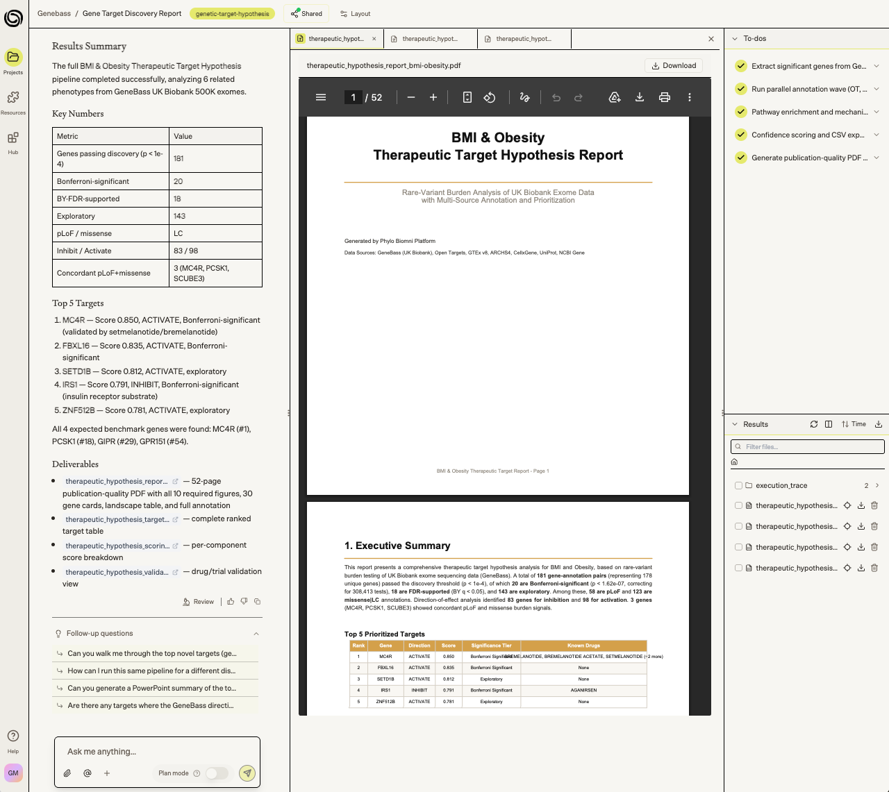 Screenshot of analysis results including PDF report within the Biomni platform.