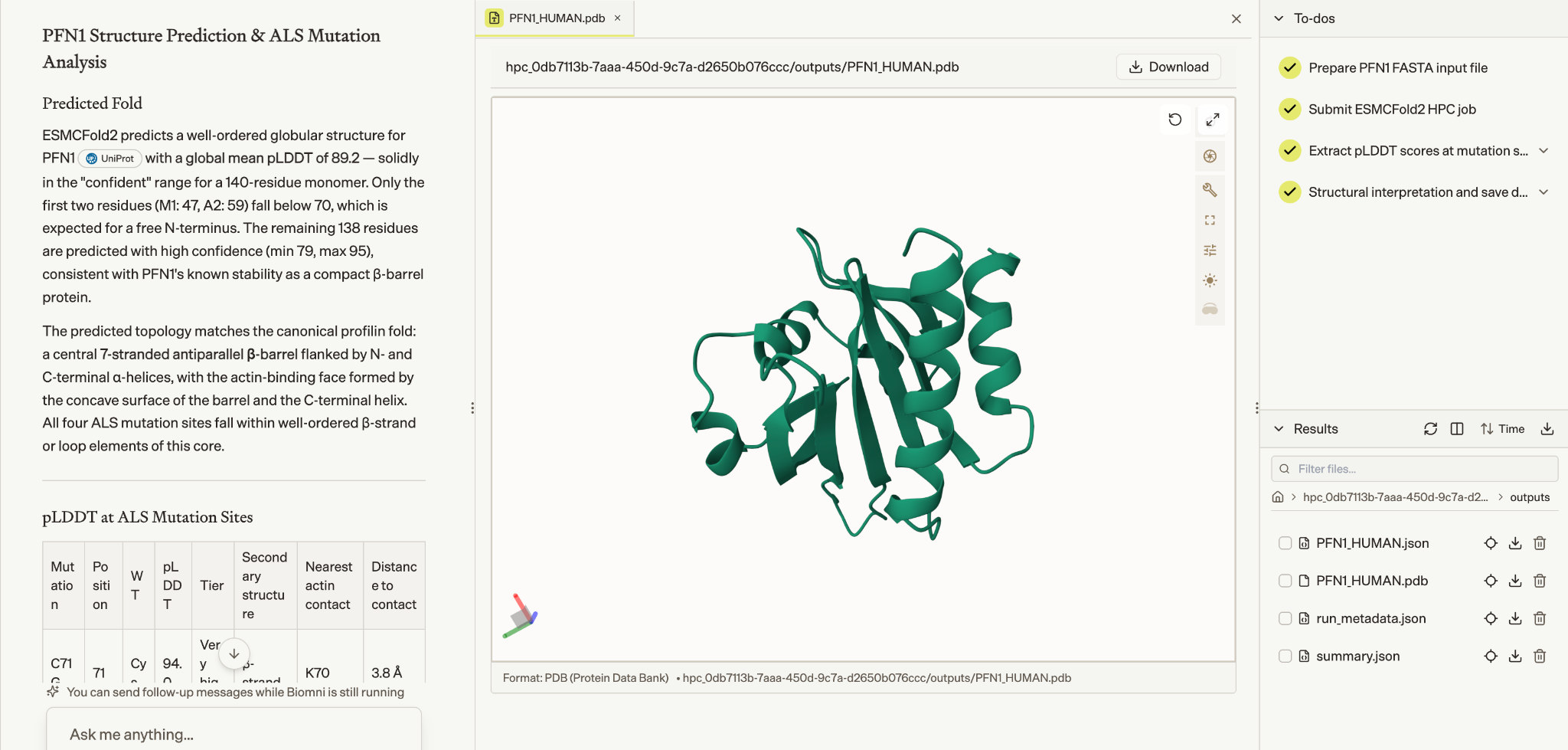 PFN1 Structure Prediction & ALS Mutation Analysis in Biomni Lab