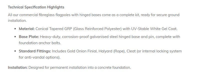 Fibreglass flagpoles with hinged base Specification
