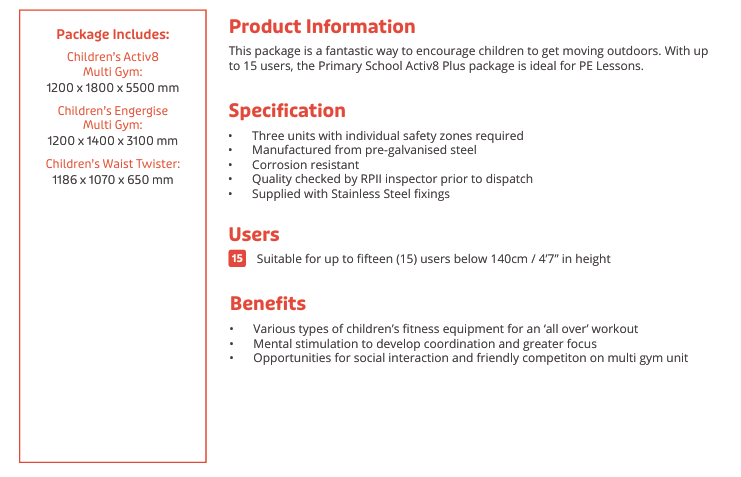 Primary School Activ8 Plus Package Specification
