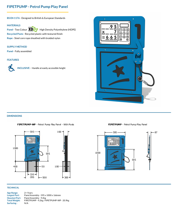Petrol Pump Play Panel Specification