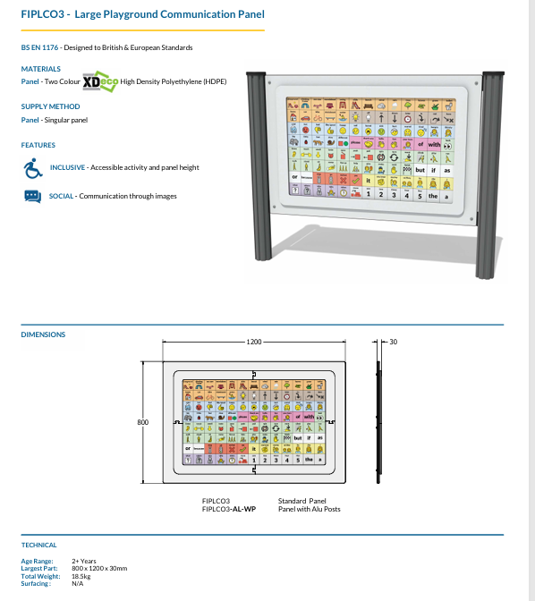 Large Playground Communication Pane Specification