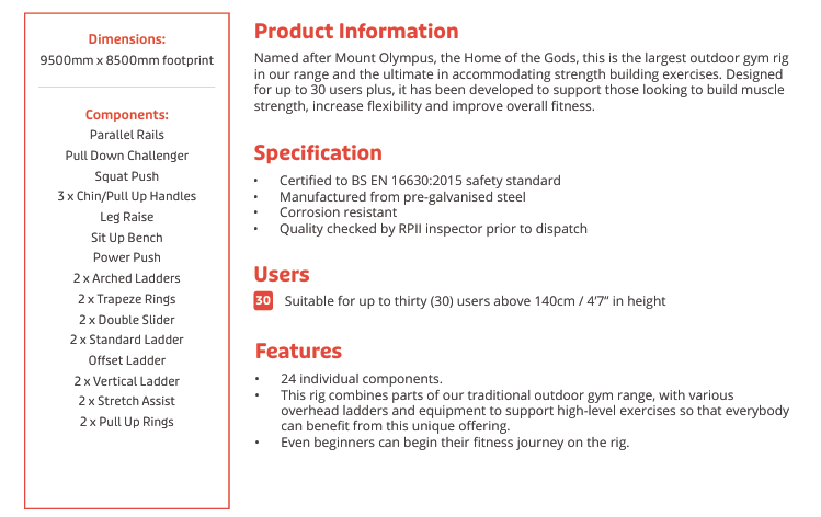 Olympus Outdoor Fitness Rig Specification
