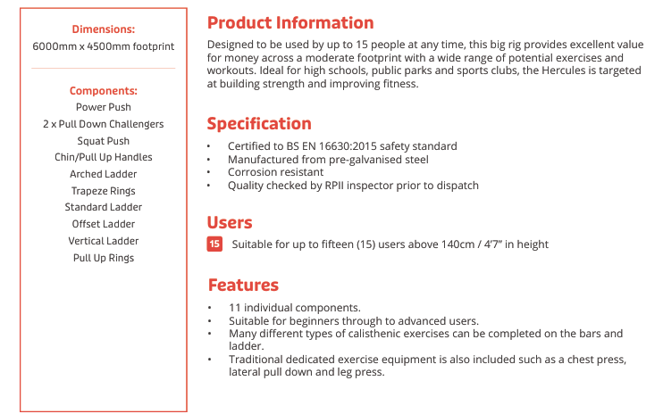 Hercules Outdoor Fitness Rig Specification
