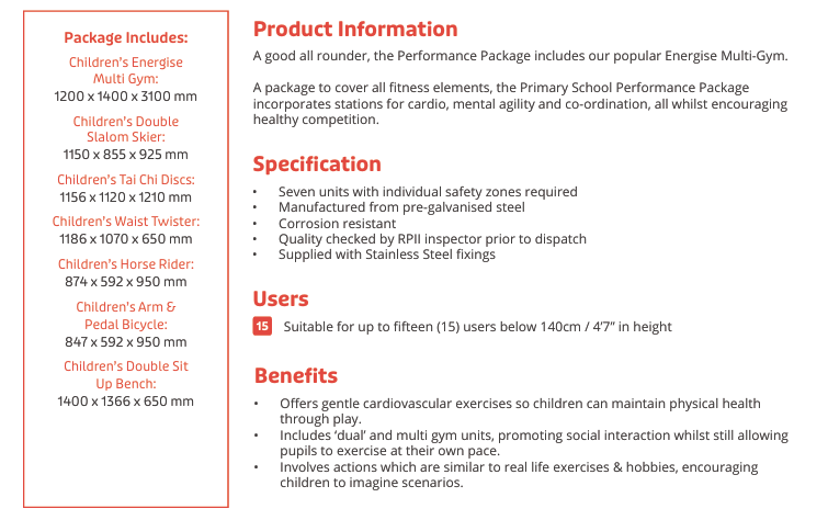 Primary School Performance Package Specification