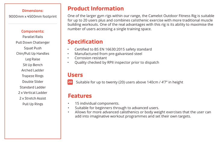 Camelot Outdoor Fitness Rig Specification