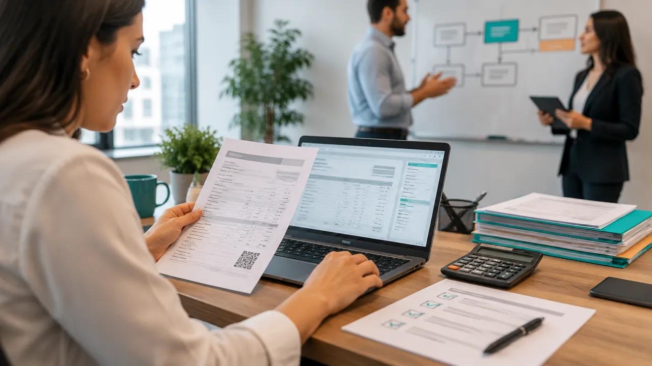 Equipe fiscal revisa uma nota, documentos e etapas de preparação para IBS e CBS
