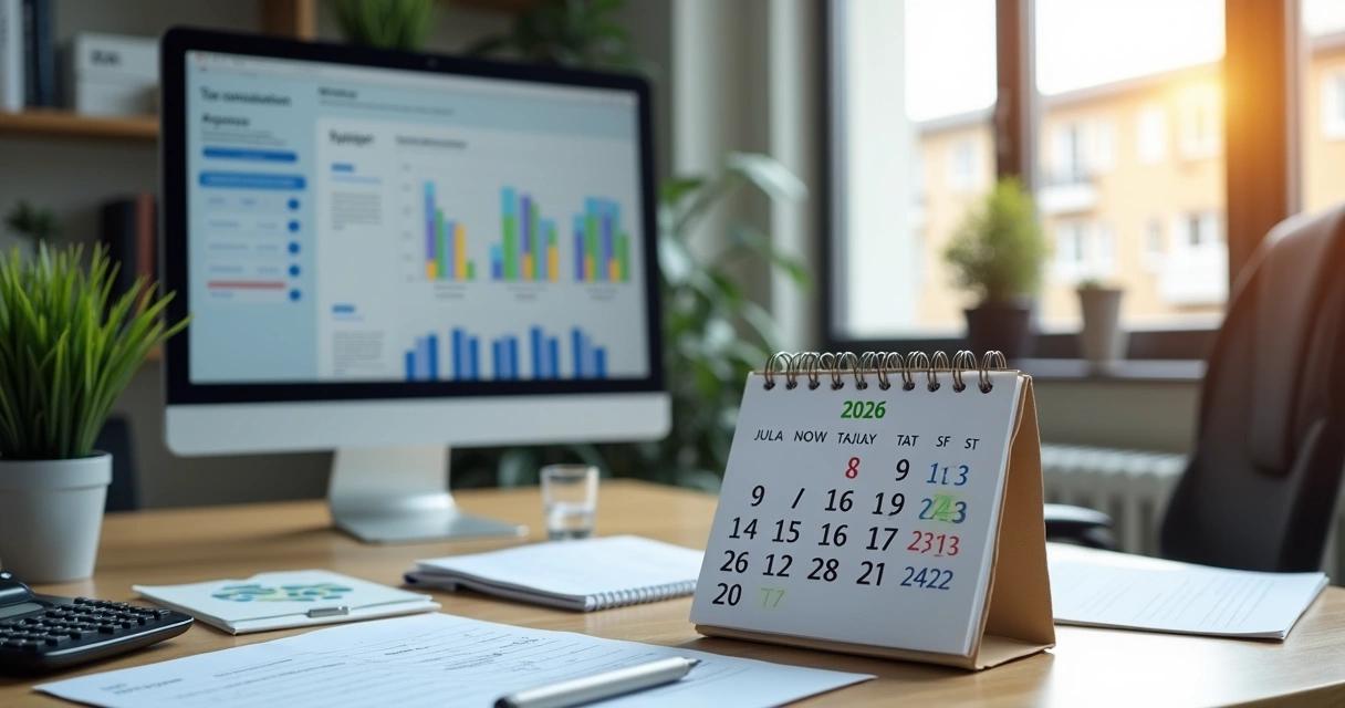 Painel com calendário fiscal e tela de consulta tributária 