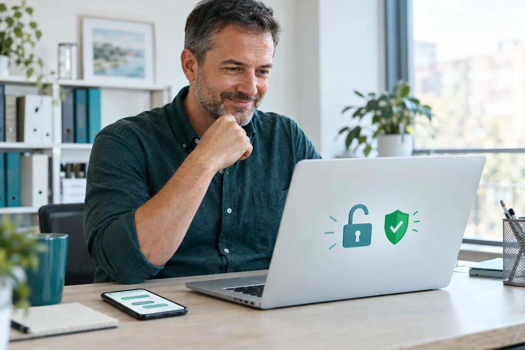 Dono de escritório contábil sorrindo aliviado diante do notebook, que mostra um cadeado aberto e um escudo de segurança verificado, com o celular ao lado.