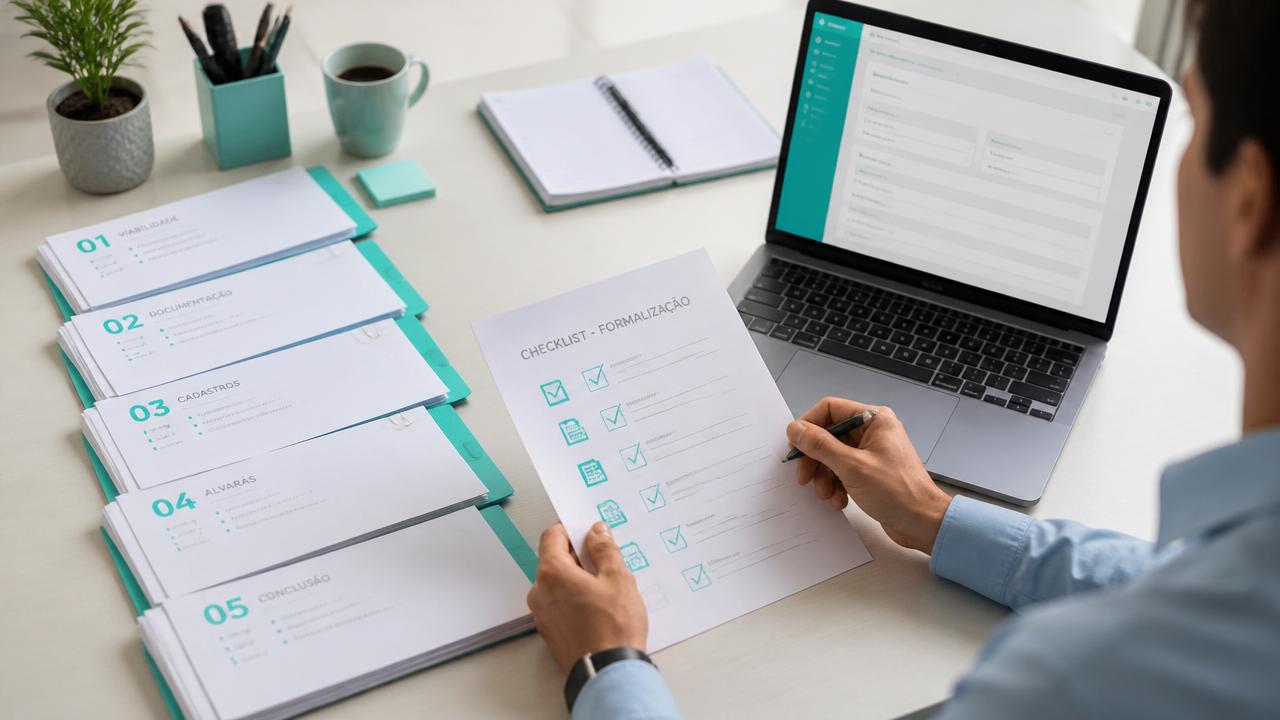 Mesa com checklist e documentos usados na formalização de uma empresa
