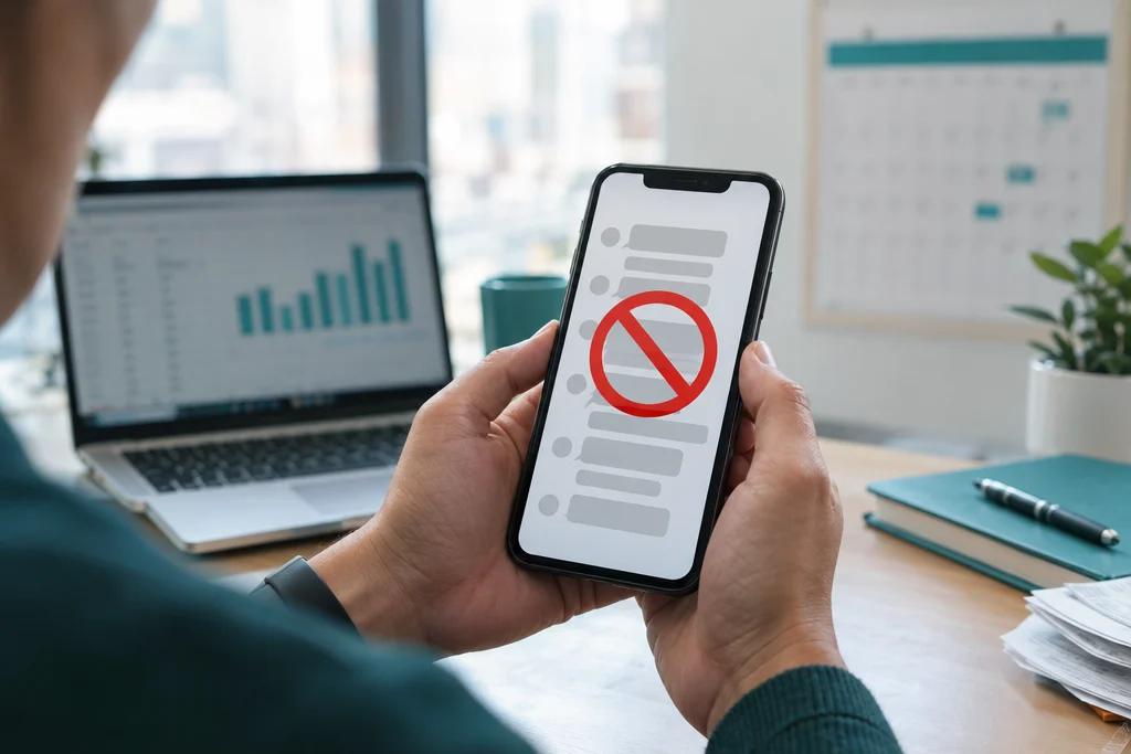 Mãos segurando um celular cuja lista de conversas está bloqueada por um símbolo de proibido, com um escritório contábil ao fundo.