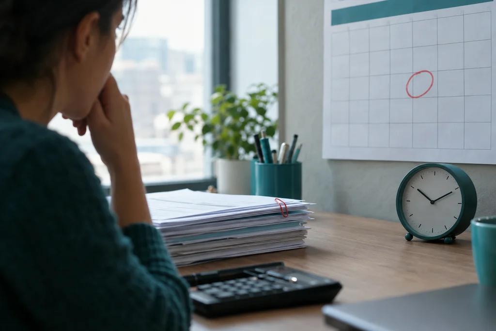 Contadora preocupada olhando para o calendário com uma data circulada em vermelho, ao lado de uma pilha de documentos fiscais, um relógio e uma calculadora.