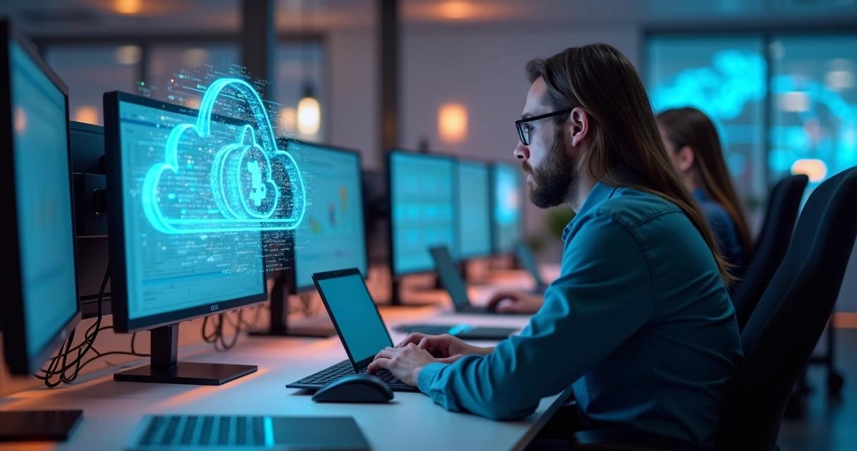 Equipe de escritório usando computador com certificado digital 