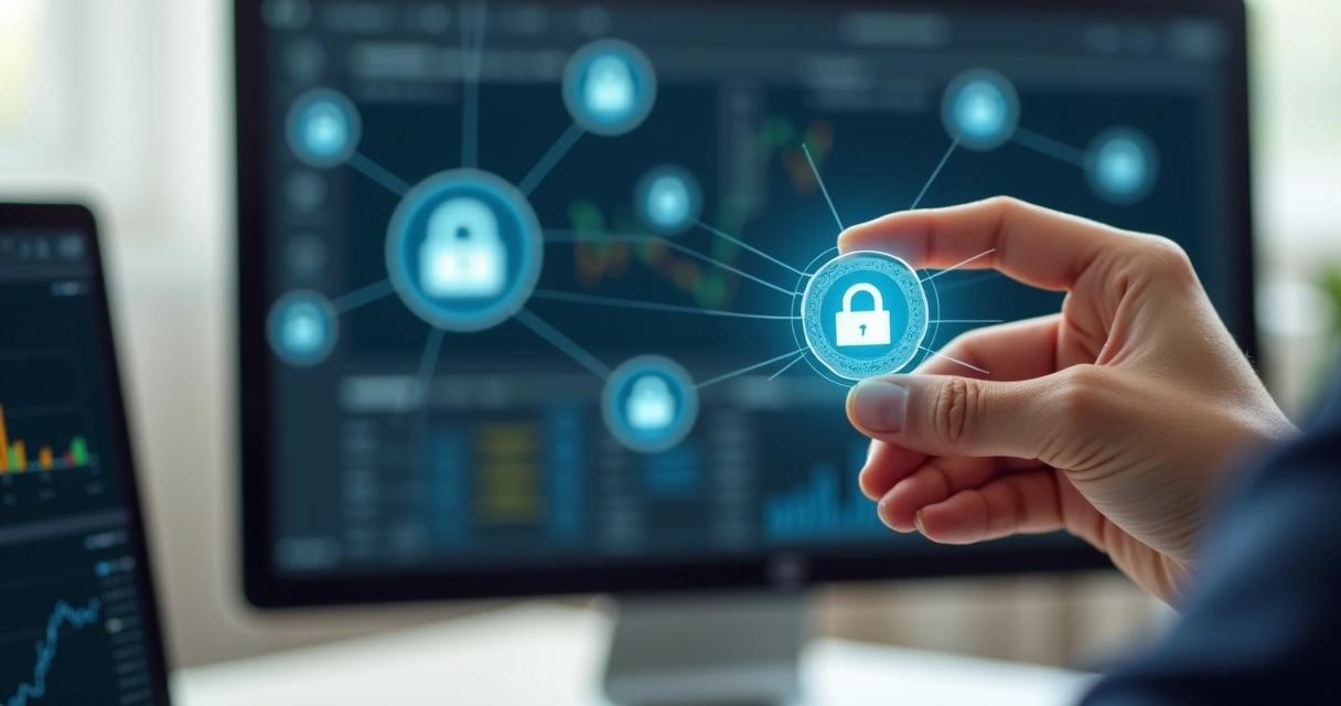 Mão segurando token de certificado digital com computador ao fundo 