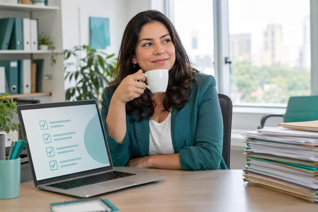 Contadora tomando café com tranquilidade ao lado de um notebook com lista de tarefas concluídas, com a pilha de pastas de papel deixada de lado.