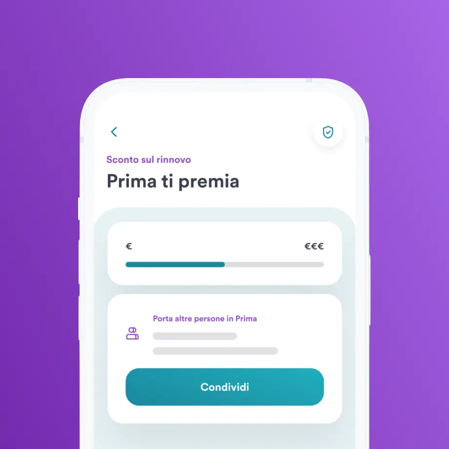Interfaccia App Prima per accumulare sconti sul rinnovo dell'assicurazione moto invitando amici