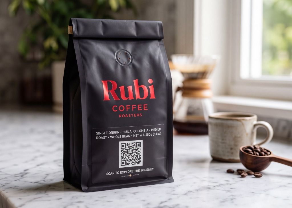 Kaffeetüte Rubi Coffee Roasters Single Origin Huila Kolumbien 250g mit dynamischem QR-Code
