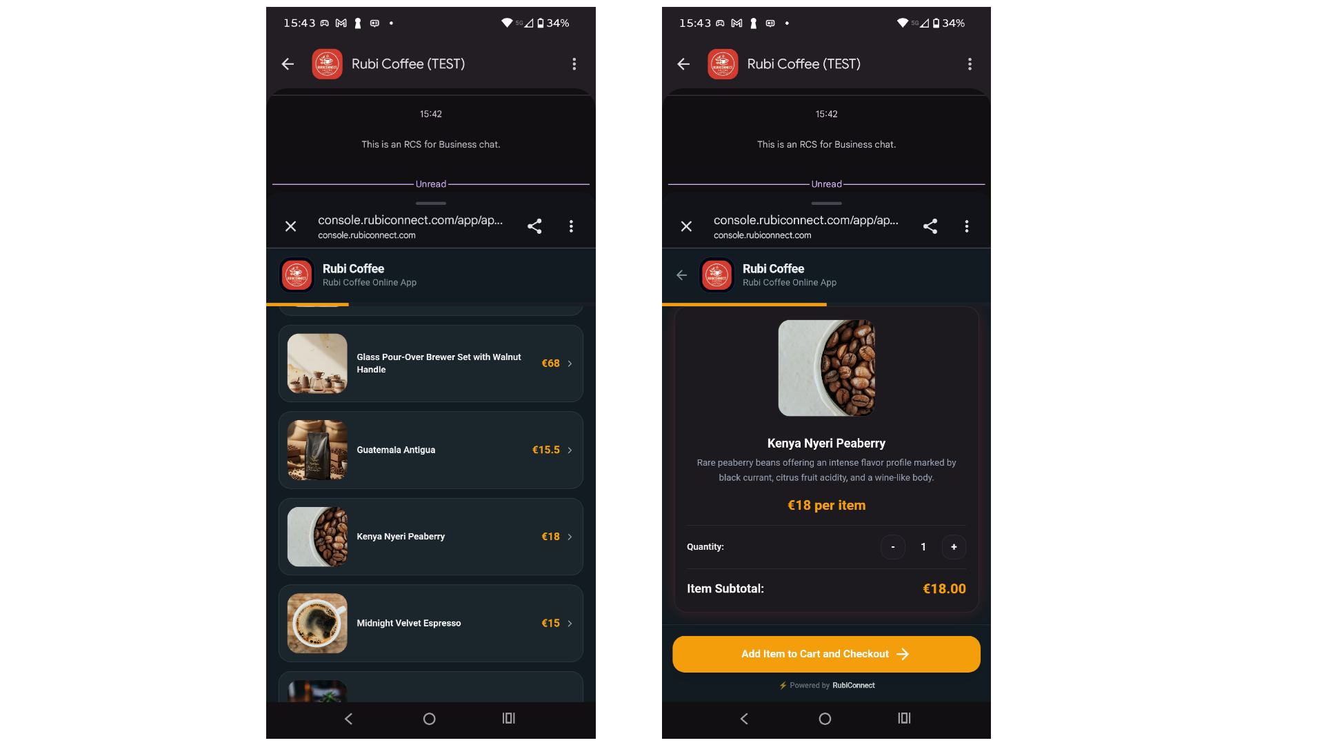 In-Chat-Micro-App Storefront mit visueller Artikelauswahl und Varianten-Konfiguration