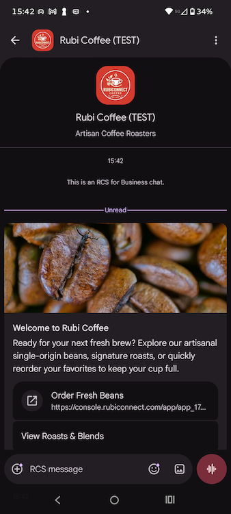 Interaktive Begrüßungskarte von Rubi Coffee im Chat mit Sofort-Bestell-Buttons