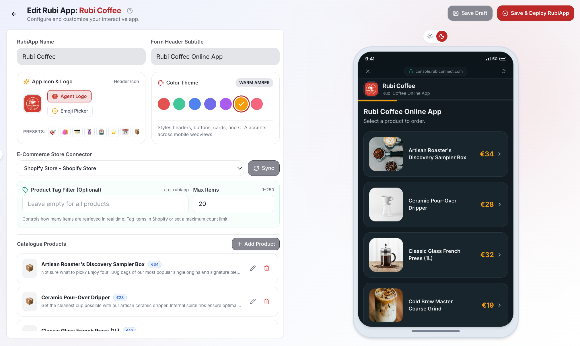 Konfiguration der In-Chat-Storefront im RubiApps Studio mit Live-Vorschau