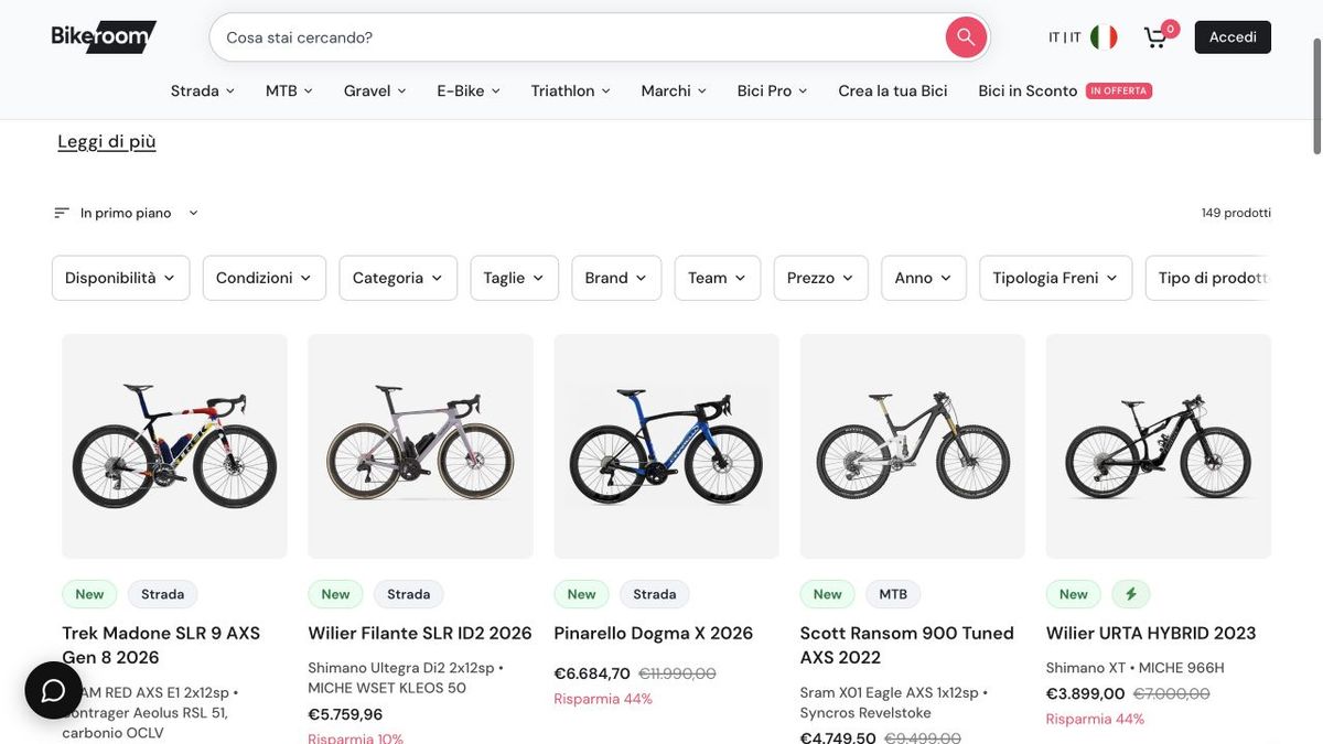 Il catalogo pubblico di Bikeroom, con filtri per categorie, marchi e caratteristiche delle biciclette.