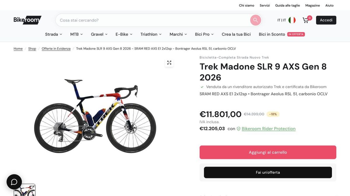 Una scheda prodotto sul marketplace Bikeroom, con immagine della bicicletta, specifiche e informazioni di acquisto.