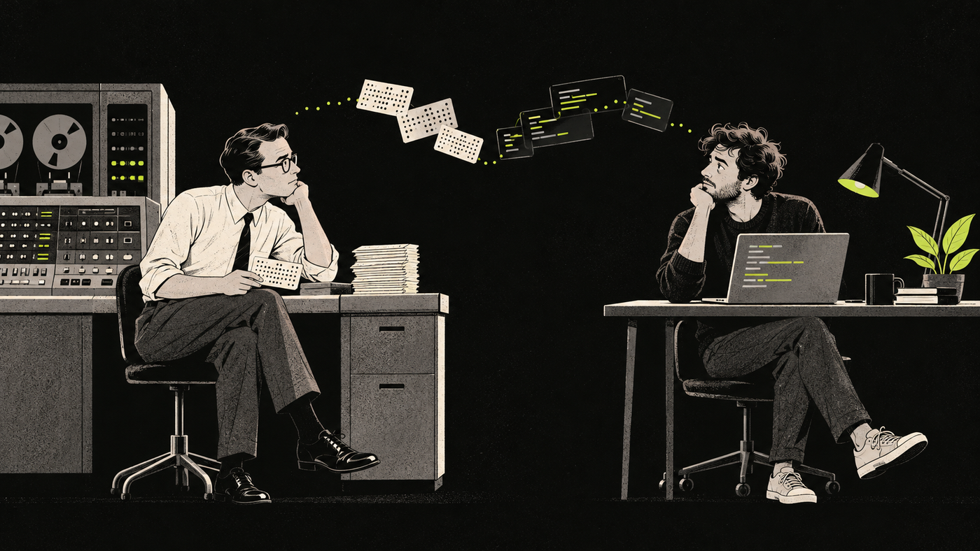 Two programmers from different eras mirror the same thoughtful pose beside a punch-card computer and a modern laptop.