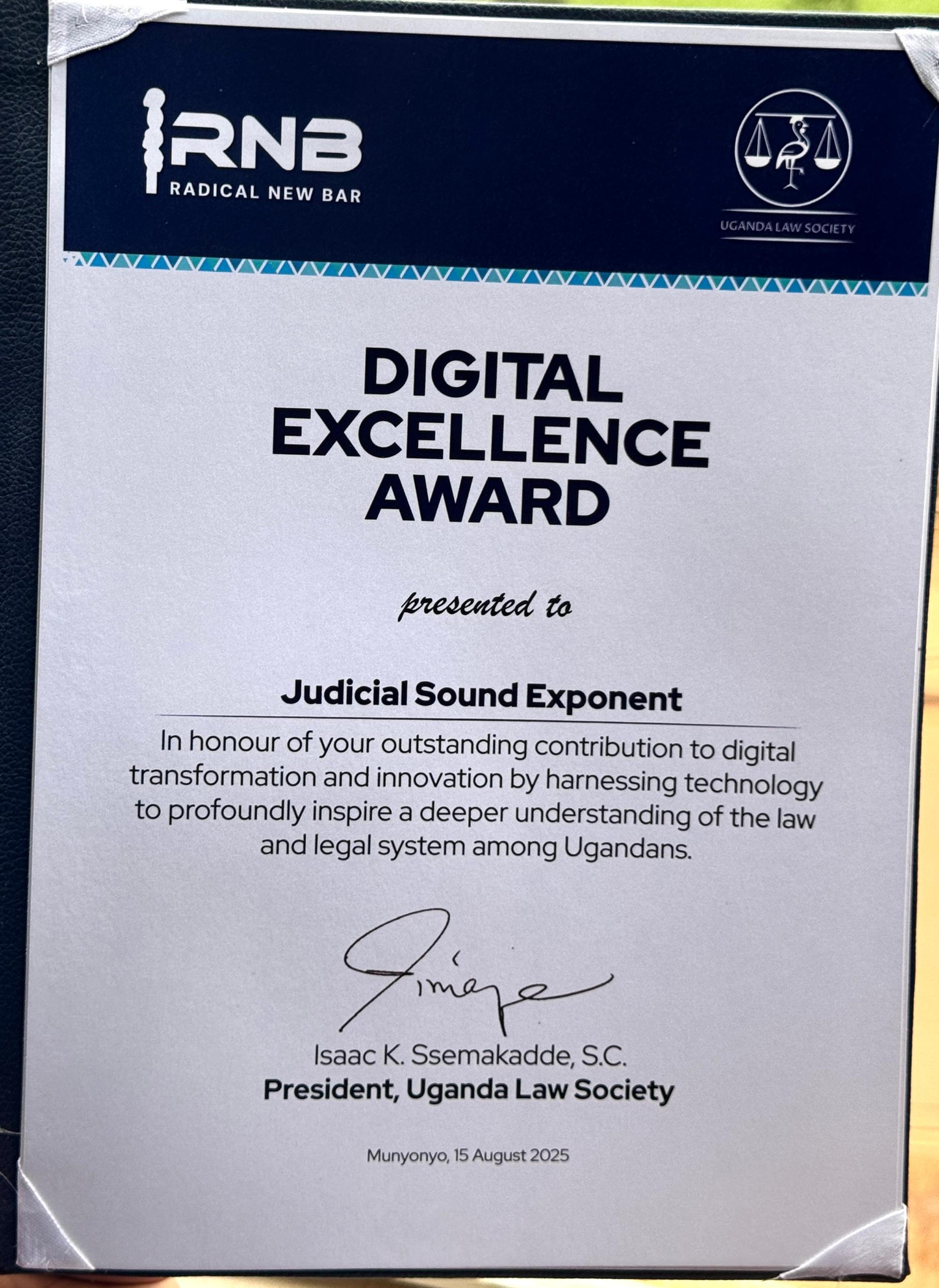 Judicial Sound Exponent awarded the Uganda Law Society Digital Excellence Award 2025 for innovation in legal technology and judicial education