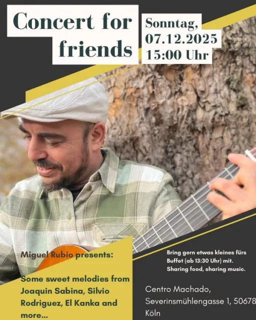 Title image for an event called '$El Miguel presents schöne Lieder von El Kanka, Joaquín Sabina, Silvio Rodríguez & mehr in seinem "Concert for friends"'