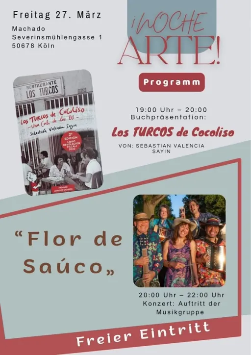 Title image for an event called '$Noche de arte con presentación literaria del conocido artista Sebastian Valencia Sayín y concierto posterior de "Flor de Sauco"'