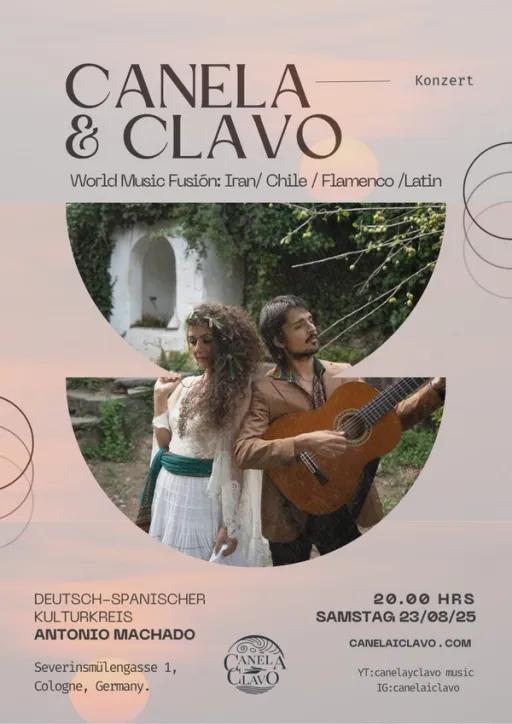 Title image for an event called '$Canela&Clavo Konzert von Originalkompositionen und Arrangements von Liedern, inspiriert von FLAMENCO, südlateinamerikanischer und persischer Musik.'
