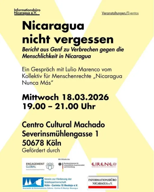 Title image for an event called '$Nicaragua, nicht vergessen! Veranstaltung, ein Gespräch mit Lucio Marencom vom Kollektiv für Menschenrechte'