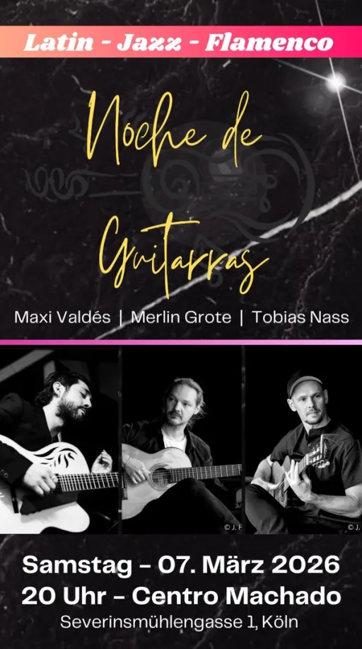 Title image for an event called '$Noche de Guitarras Trio- Latin - Jazz - Flamenco'