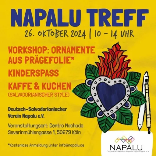 Title image for an event called '$Napalu Treff aus Salvador-Workshop: Ornamente aus Prägefolie / Kinderaktivitäten / Kaffe und Kuchen (salvadorianischer Style) von 10:00 bis 14:00 Uhr'