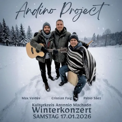 Title image for an event called '$Andino Project Trio - Cristian (Gesang & Flöte), Maxi Valdés (Gitarre & Gesang) und Pablo Sáez (Percussion) '