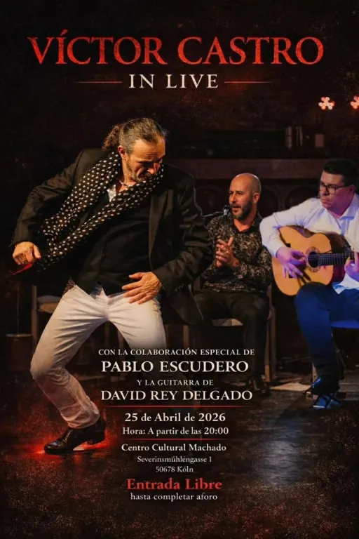 Title image for an event called '$Trio Flamenco mit dem Cantaor Pablo Escudero, Tänzer Victor Castro und der Gitarre von David Delgado Rey'