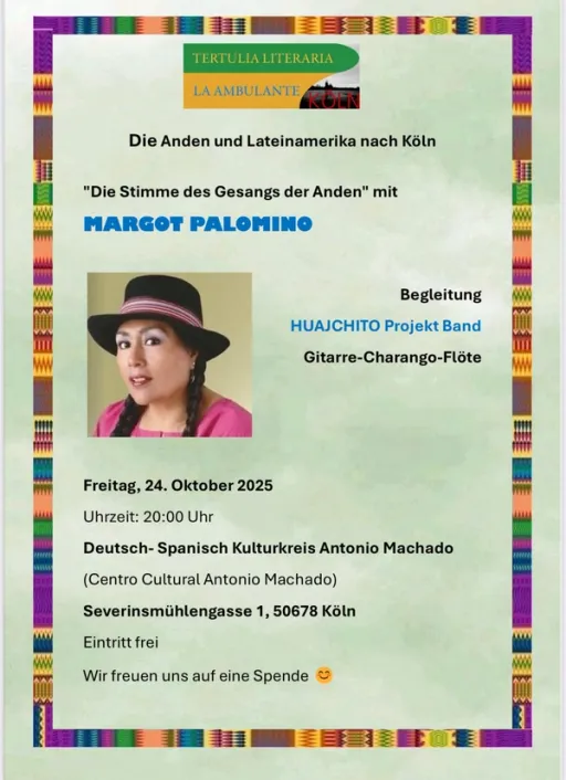 Title image for an event called '$Margot Palomino, die Stimme der Anden mit dem Band HUAJCHITO Gitarre, Charango und Flöte'