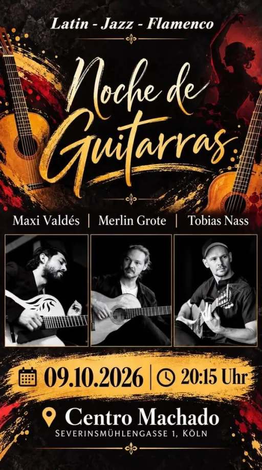 Title image for an event called '$NOCHE DE GUITARRAS LATIN/JAZZ/FLAMENCO mit Maxi, Merlin y Tobias'