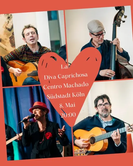 Title image for an event called '$Divaivenes 🎶 Konzert am Freitag, 8. Mai um 20:00 Uhr! 🎶 Quartett: La Diva Caprichosa - Flamenco, Rumba, Copla, Son, Bolero, Vals Criollo, Tango, Bossa Nova und Mambo.'