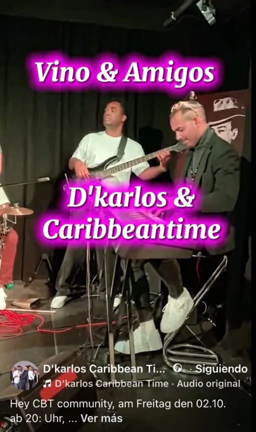 Title image for an event called '$Vino y Amigos mit D'karlos Caribbean Time '