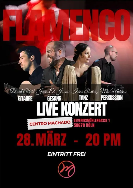 Title image for an event called '$Flamenco Quartett mit Gesang Juan el Juana, Tanz Irene Álvarez, Gitarre David Albert und Mo Moreno (cajón)'