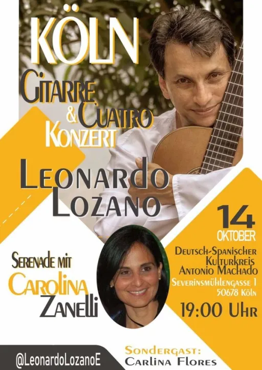 Title image for an event called '$Cuatro Gitarre Konzert mit Leonardo Lozano, Serenade mit Carolina Zanelli und Sondergast Carlina Flores'