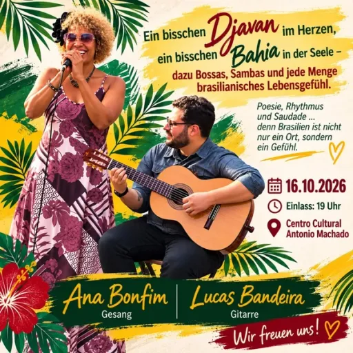 Title image for an event called '$Ana Bofim & Lucas Bandeira -Brasil - Ein bisschen Djavan im Herzen ein bisschen Bahia in der Seele'
