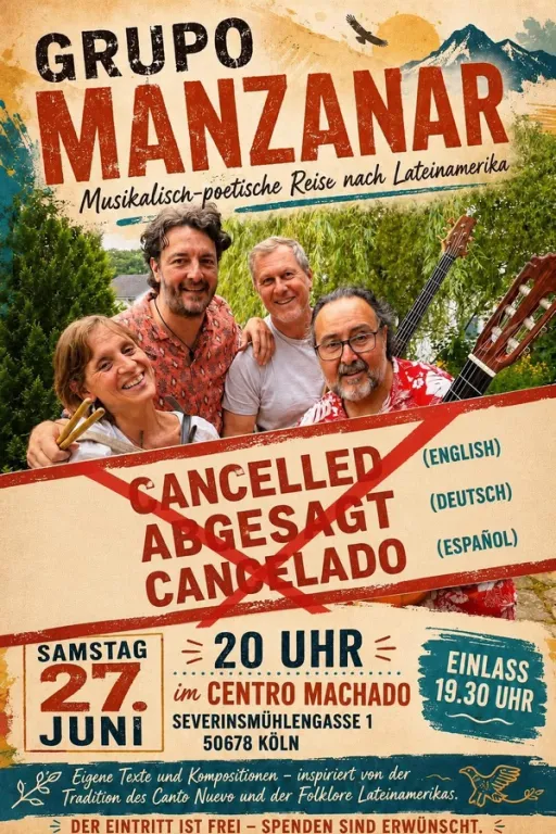 Title image for an event called '$GRUPO MANZANAR mit Eduardo Cisternas, Alexander Winter, Michaela Weyand, Danilo Vujovic und Michael Frings'