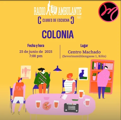 Title image for an event called '$Club de Escucha de Radio Ambulante. Encuentro gratuito organizado x Elena Abos de la Universidad de Colonia. Listening Club, Radio in Bewegung. Kostenloses Treffen auf Spanisch, organisiert von Elena Abos von der Universität zu Köln.'
