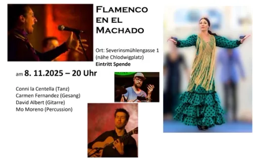 Title image for an event called '$Flamenco-Nacht mit Gesang, Tanz, Gitarre und Percussion mit Conni La Centella, Carmen Fernández de Utrera, David Albert und Mo Moreno'