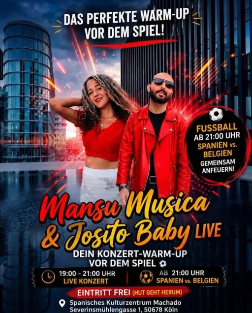 Title image for an event called '$19 Uhr MANSUREH & JOSITO Konzert !-- Ab 21 h Fußball Spanien Vs Belgien von WM '