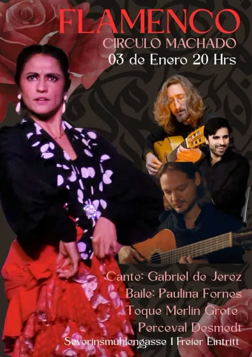 Title image for an event called '$🔥🎶 FLAMENCOABEND · WILLKOMMEN 2026 🎶🔥 mit der Tänzerin Paulina Fornés und Gabriel de Jerez – Gesang (Cante) /  Perceval Desmedt – Gitarre / Merlin Grote – Gitarre'